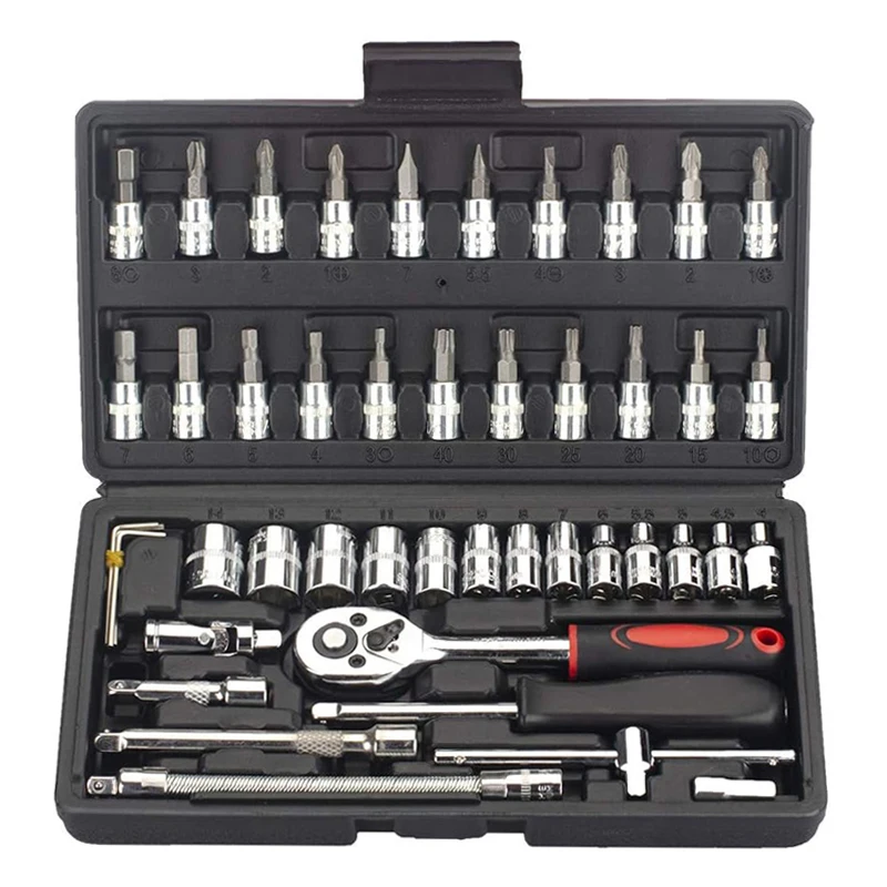 

46Pcs 1/4" Drive Socket Set Ratchet Wrench Kit Metric with Bit Sockets & Extension Bar for Car Repair tournevis a frapper wrench