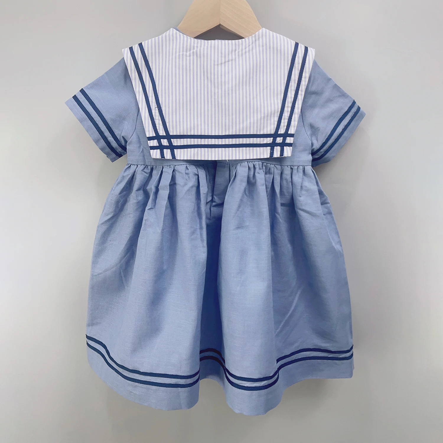 Boy Girls Sailor Suit Short Blue Navy Uniform Striped Tie Set Dress Classic Retro Cotton Linen Siblings Outfit Birthday Clothing