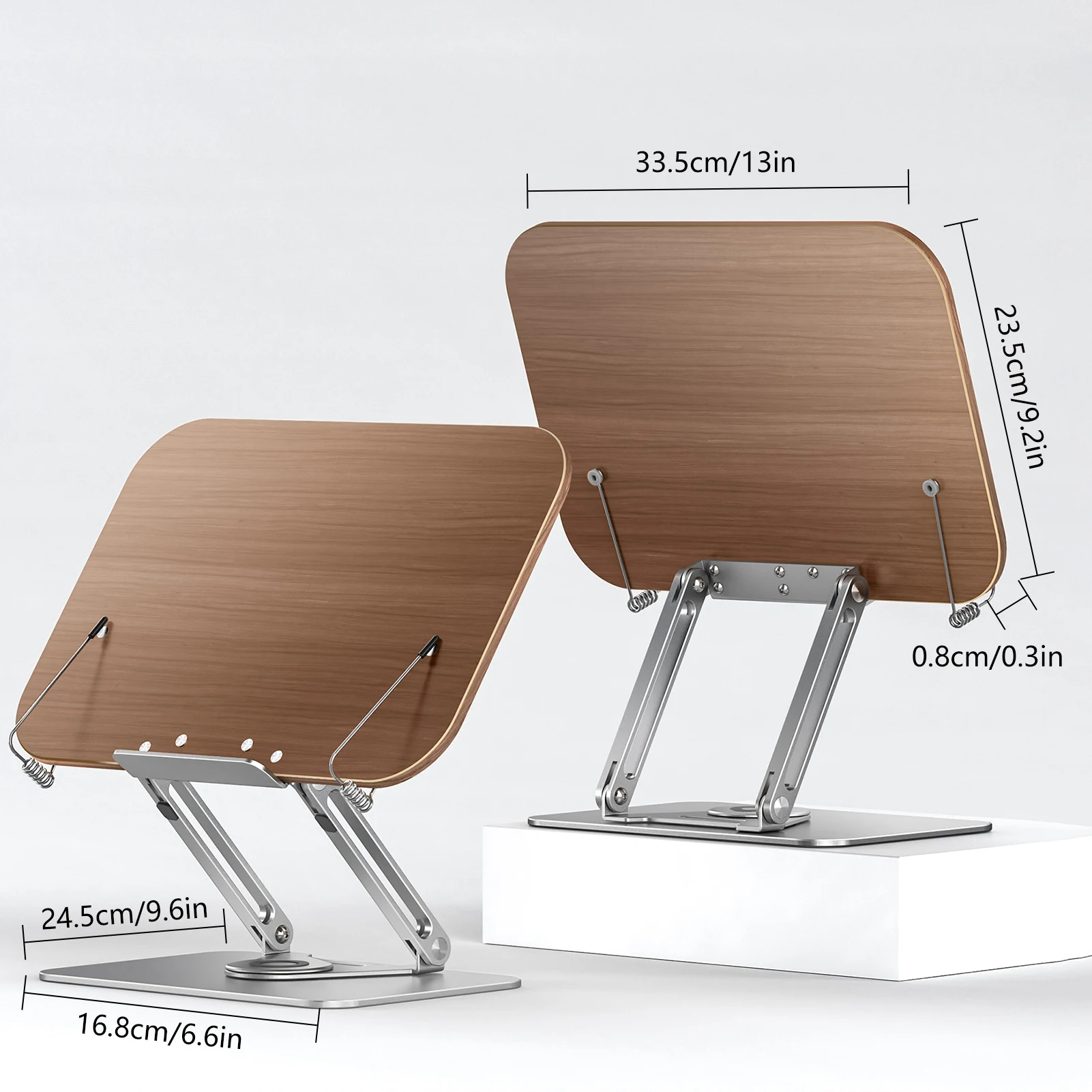 Bisofice Desktop Book Stand for Reading with 360° Rotating Base Wooden Panel & Page Clips Foldable and Angle for Textbook
