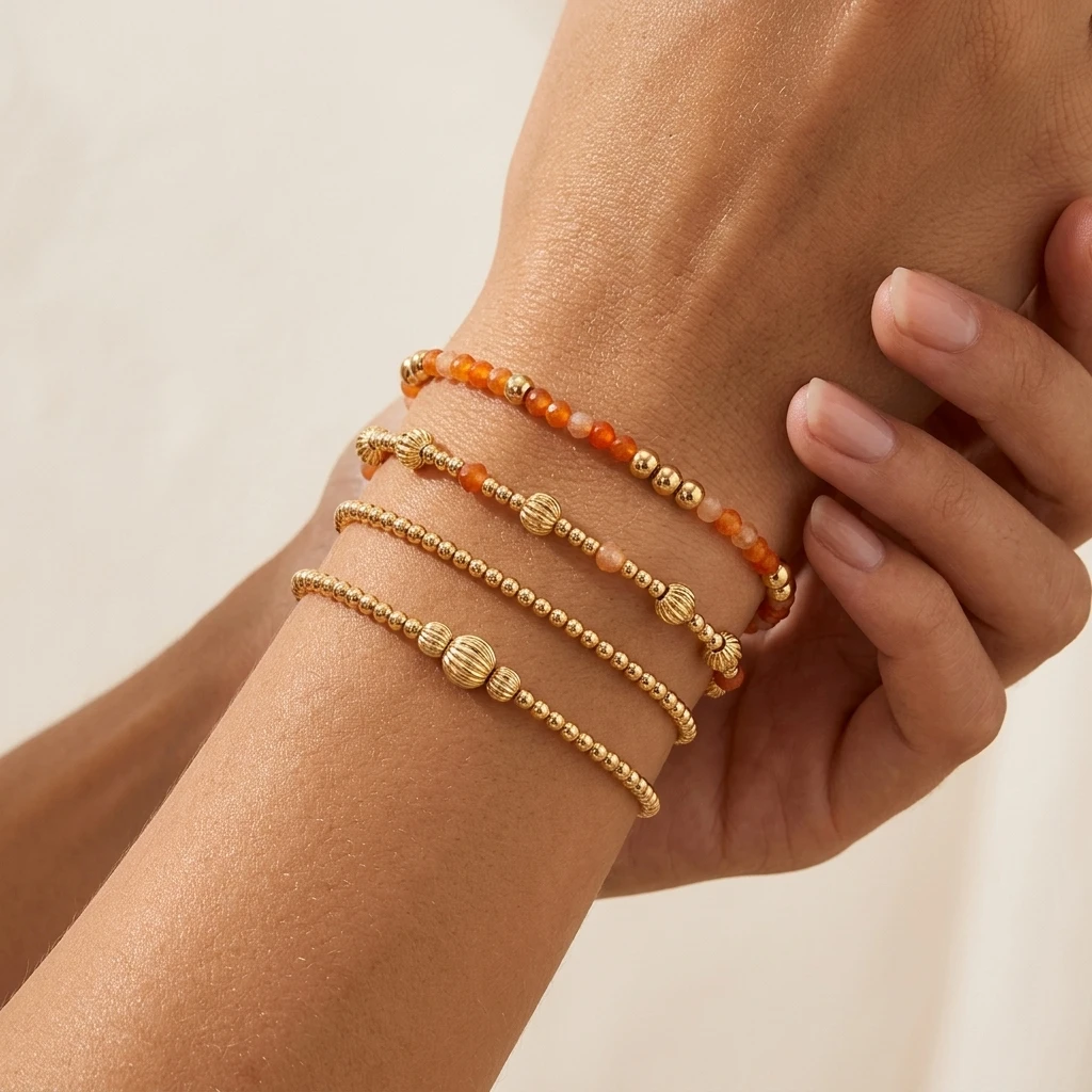 

Набор из 4 медных браслетов в богемном стиле с бусинами, золотистого цвета, многослойные, эластичные, для женщин