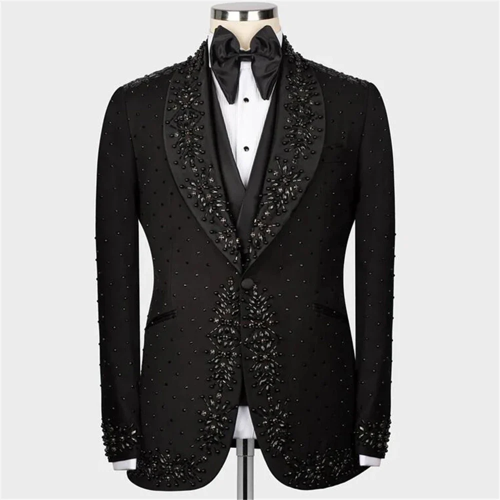 

B23 Fashion Wedding Men Suits 2 Pieces Groom Blazer Pants One Button Tuxedo Beadings Pearls Formal Diamonds Prom Suit for Party