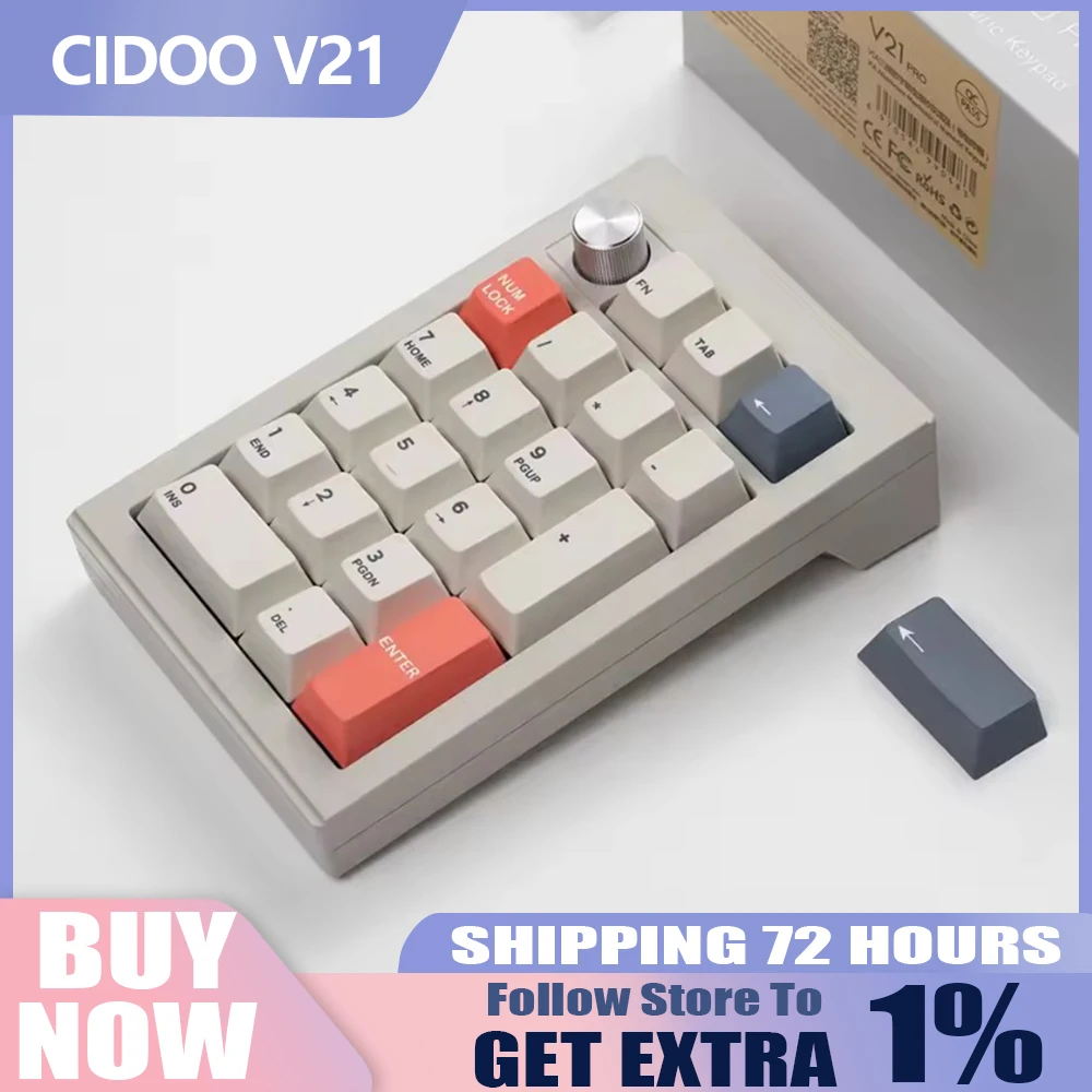 

CIDOO V21 Индивидуальный алюминиевый механический номерной знак, 21 клавиша, ручка RGB, Bluetooth 5,0/2,4 ГГц/USB-C, с возможностью горячей замены, 1000 Гц для электронного спорта