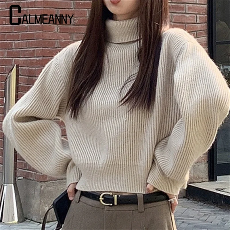 Elegant Women Loose Sweaters 2023 Winter Y2K Fashion Versatile Warm Long Sleeve Turtleneck Knitted Pullovers Female Crop Top