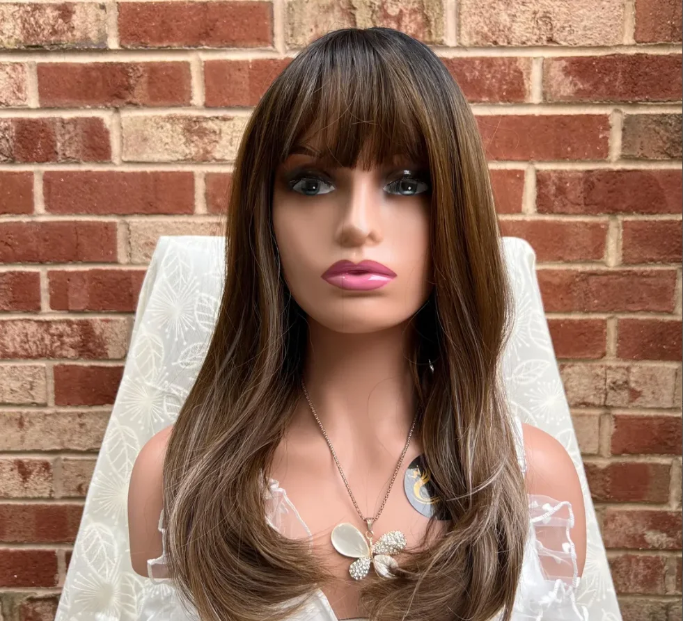 

Long Highlight Chocolate Brown Wig With Bangs Natural Wave Synthetic Lace Front Female Original Factory Cheap Wig on Clearance