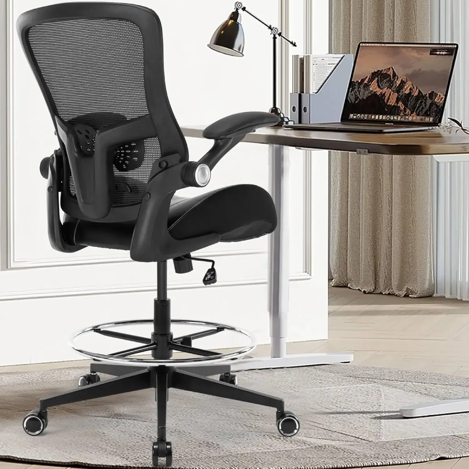 Tall Office Chair with Flip-up Armrests, Standing Desk Chair Counter Height Office Chairs with Footrest and Adjustable Lumbar Su