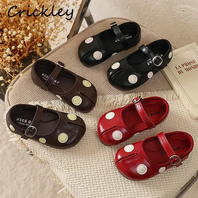 Dot PU Leather Girls Flats Shoes Fake Split-toe Fashion Shoes For Children Shallow Hook Loop Non Slip Kids Princess Shoes