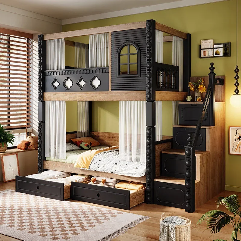 Retro Solid Wood Kids Bunk Bed with Slide Castle Treehouse Design Mother Child Sleeping Frame Storage Function for Bedroom