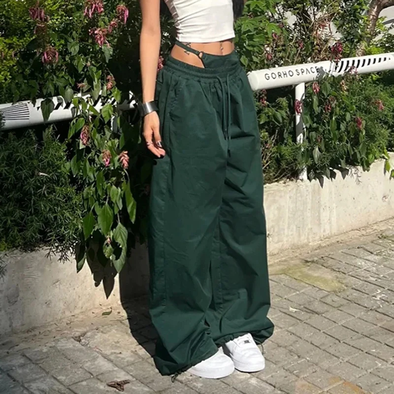 

Women American Wide Leg Pants Vintage Loose Drawstring Cargo Trousers High Waisted Jazz Hiphop Casual Summer Dance Pants