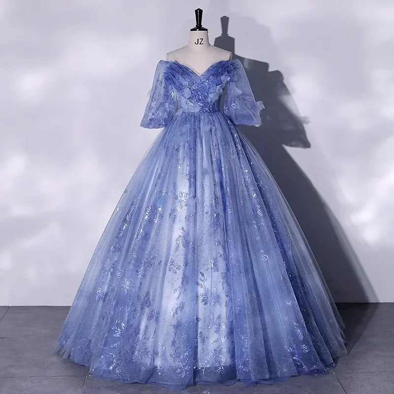 2026 Women's V-neck Banquet Embroidered Evening Dress Fashionable Look Thin Grey Blue High Quality Long Back Strap Puff Skirt