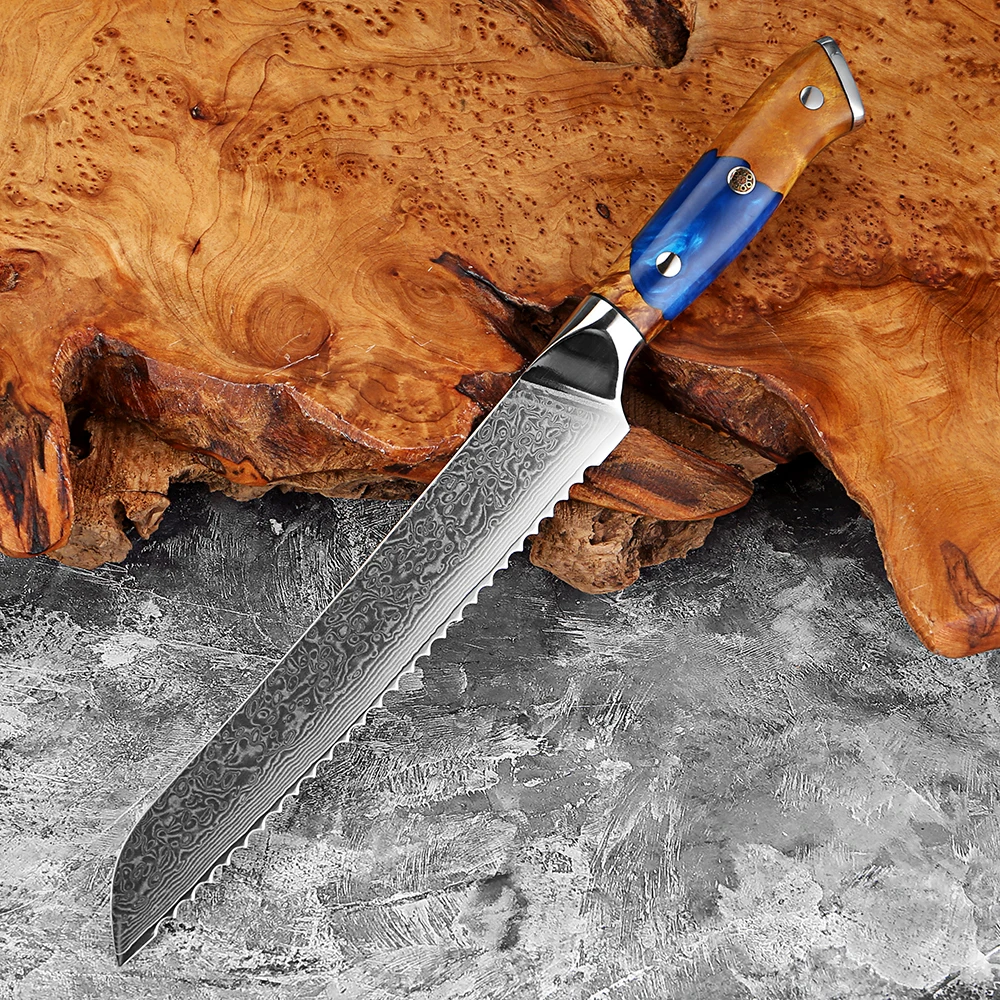

8 Inch Bread Knife,Blue Resin Wood Handle, Multifunctional Serrated Knife,Damascus Steel Sharp Slicing for Sourdough,Cake,Toast