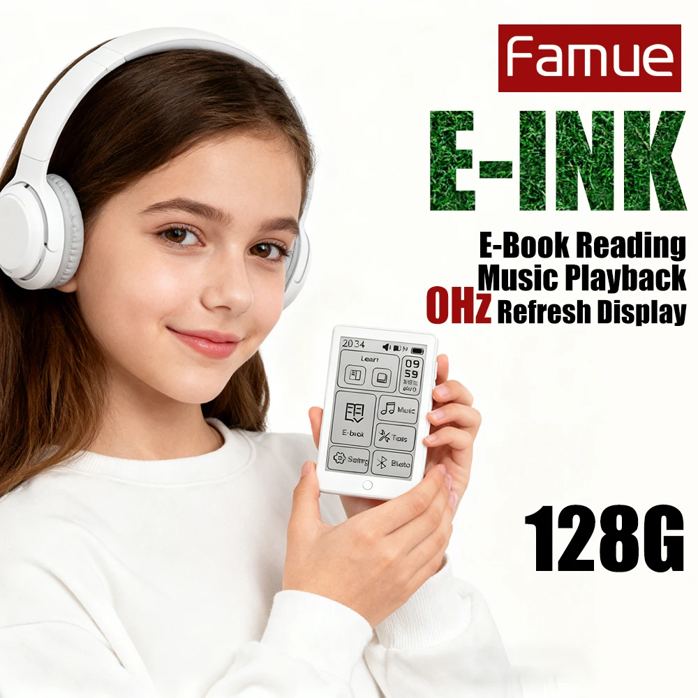 【128GB】Famue BF07 Pemutar MP3 E Ink 3,52 Inci Pembaca E-Book Pemutar Musik Radio FM Perekam Suara Audio Tanpa Hilang Refresh 0Hz