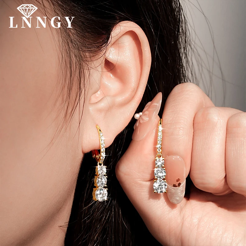 Lnngy zertifizierte 3 mm/4 mm/5 mm Moissanit-Tropfenohrringe, 14 Karat Gold gefüllt, drei Steine, baumelnde Ohrringe für Verliebte, Hochzeitsschmuck, Geschenk