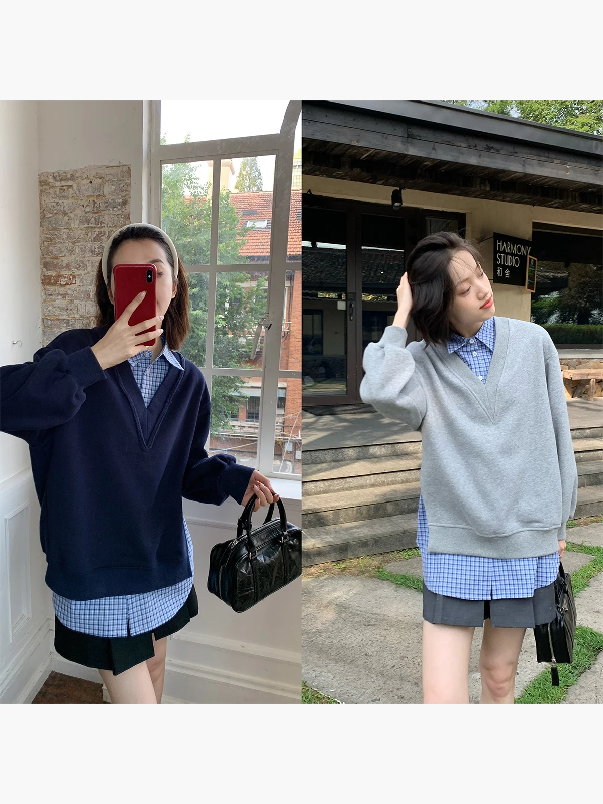 

Soft Fce V-Ne Splice irt Sweatirt Chiffon Design Cotton Polyester Blend Long Sve Sweet Sle Casual Commute Color