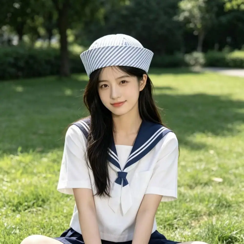 Korean Y2K Stripe Sailor Hat Blue Striped Solid Color Painter Hat Octagonal Flipped Brim Navy Hat Cosplay