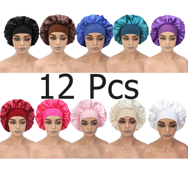12Pcs Satin Bonnet Silk Hair Bonnets For Sleeping To Keep Hair Smooth Healthy Satin Bonnets Sleep Caps Hair Cover Hat