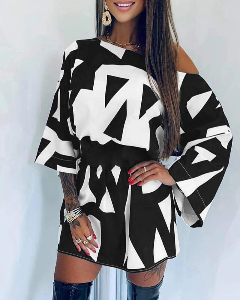 

Autumn Women Abstract Print Inclined Mini Dress Without Belt 2023 Casual Femme Long Sleeve Robe Office Lady Clothing traf