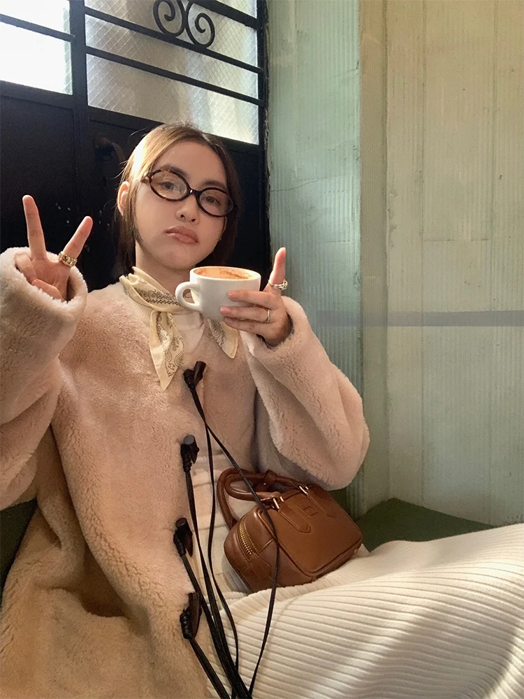 

3C Full Wool ort Casual Sle Fur Coat round Ne Korean Version Long Sve Regular Length Leather And Fur Inteated Jaet