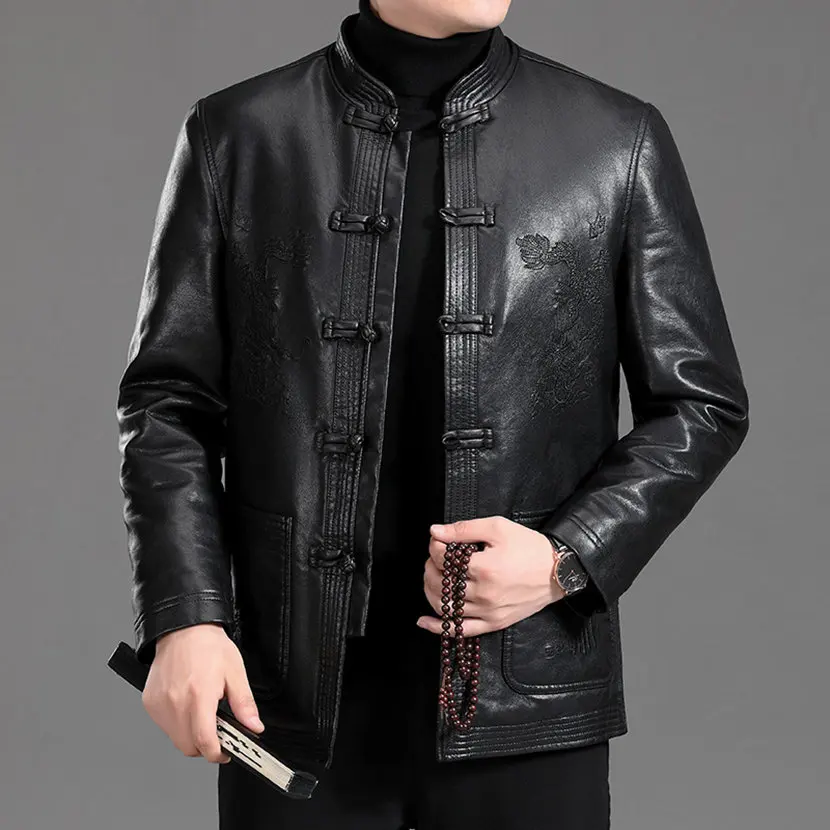 

Thiened Fce Lined Men's Leather Jaet Winter Coat Casual Vintage Sle Mid-aged Dad Faion Brand PU Leather Jaet