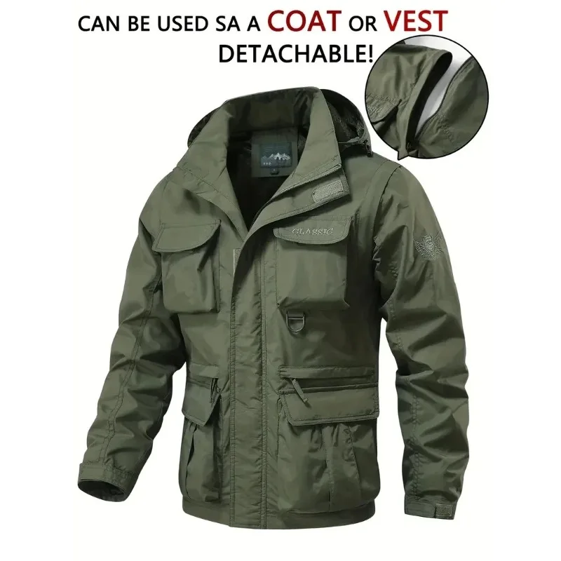 

Detachable Windproof Sleeved Hooded Jacket Suitable for Outdoor Activities Men's Casual Waterproof Multi Pocket Jacket Vest