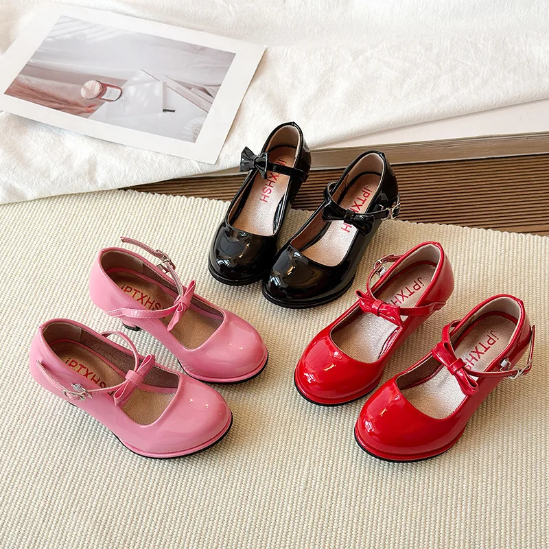 

Girls High Heels Princess Shoes Spring Autumn Children Red Student Performance Dance Shoes Pu Leather Shoes Size 26-35