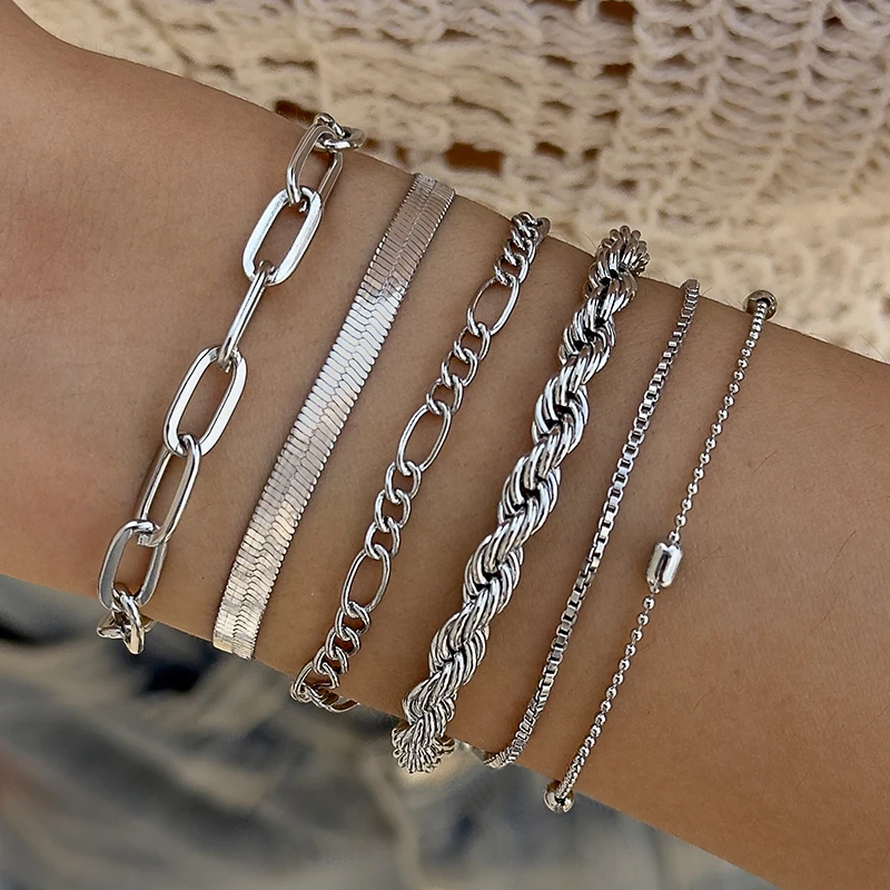 Tocona, conjunto de pulseras de eslabones de cadena gruesa a la moda para mujer, Color plateado, cadena de serpiente ajustable, pulsera giratoria, accesorios de joyería