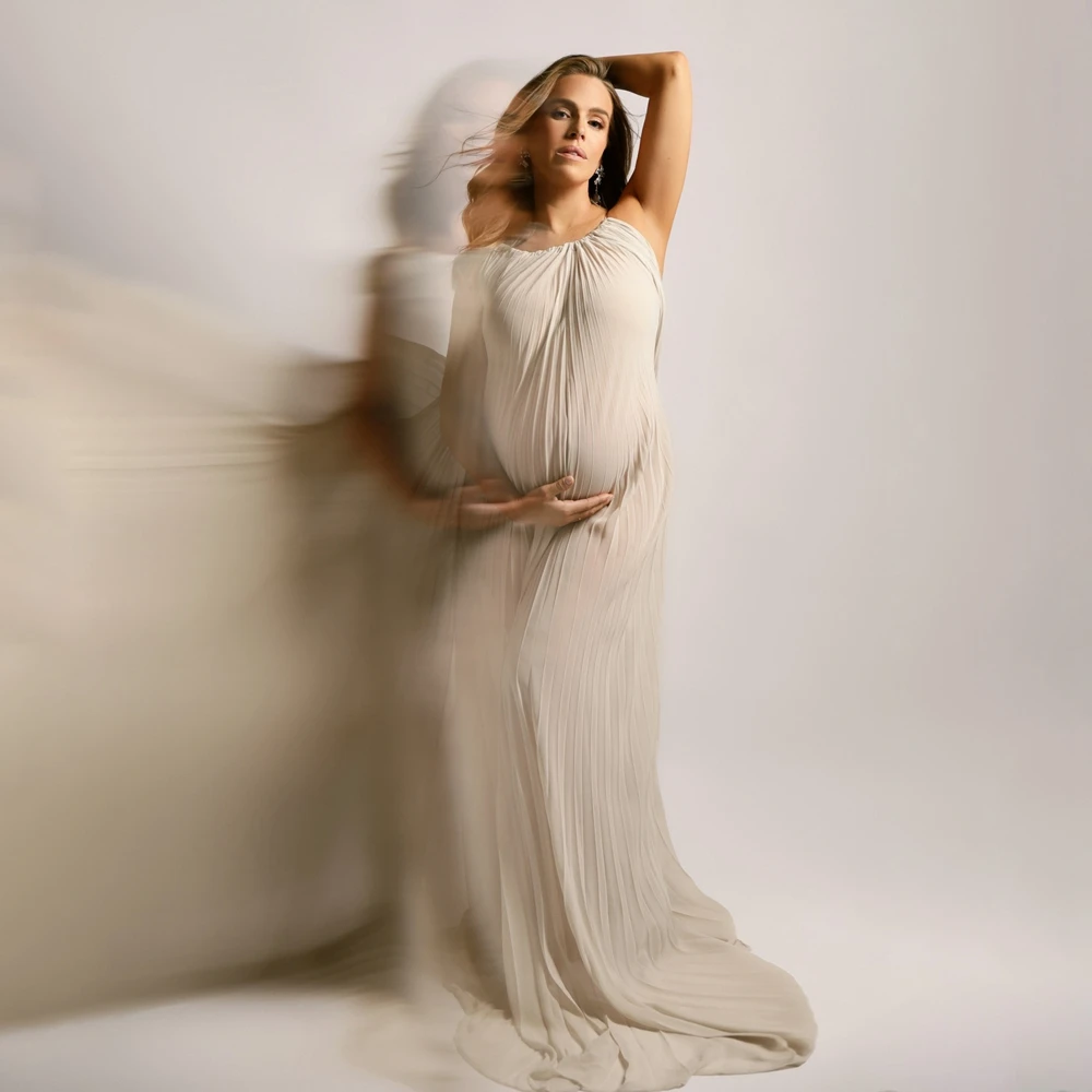 

Maternity Photography Props Halter Neck Pleated Dress Luxury Beige Pregnancy Photoshoot Gown Studio Elegance Maxi Skirt