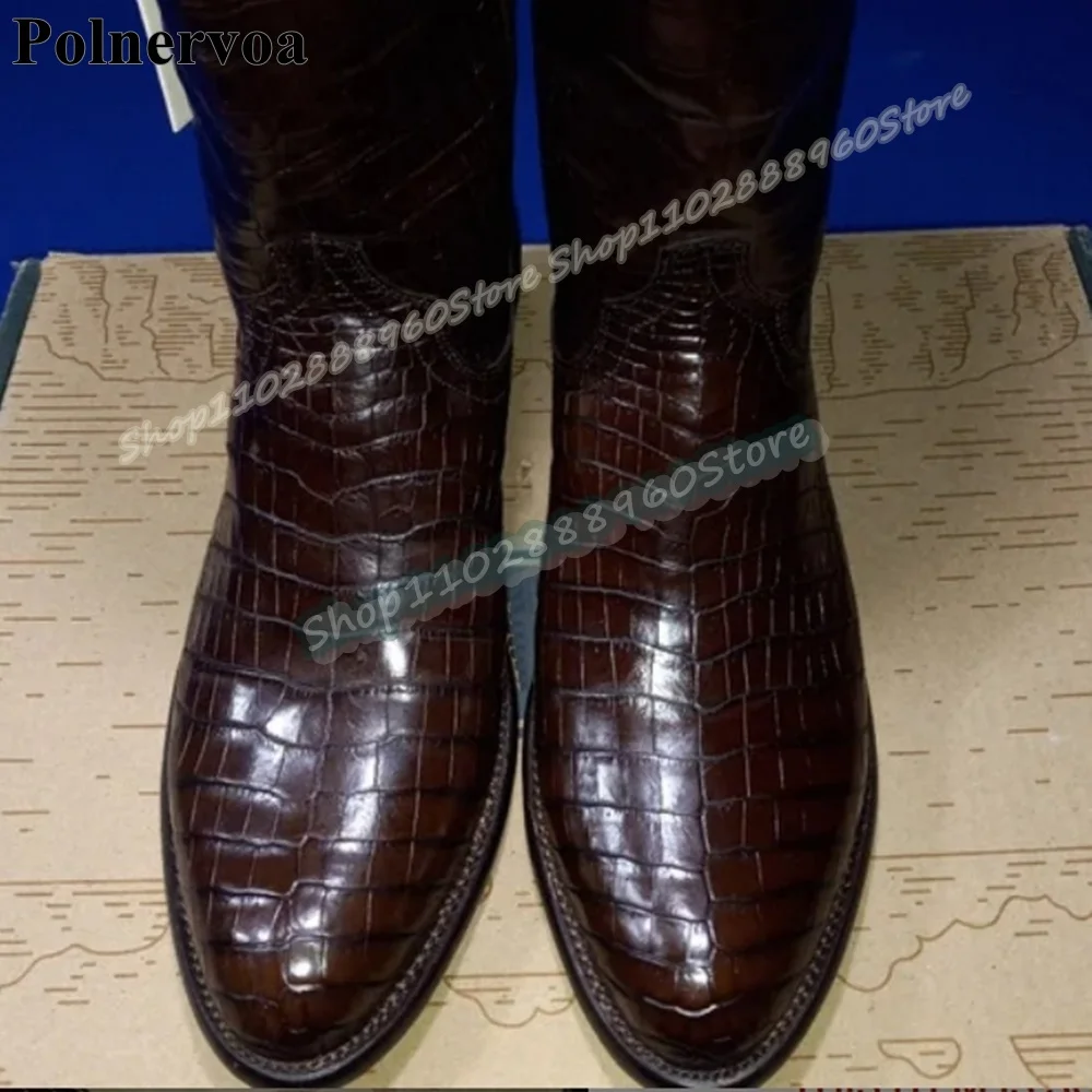 

Stylish Mid Calf Crocodile Skin Leather Men Knight Boots Flats Party Shoes For Men Slip On Formal Catwalk Trendy 2026 Men Boots