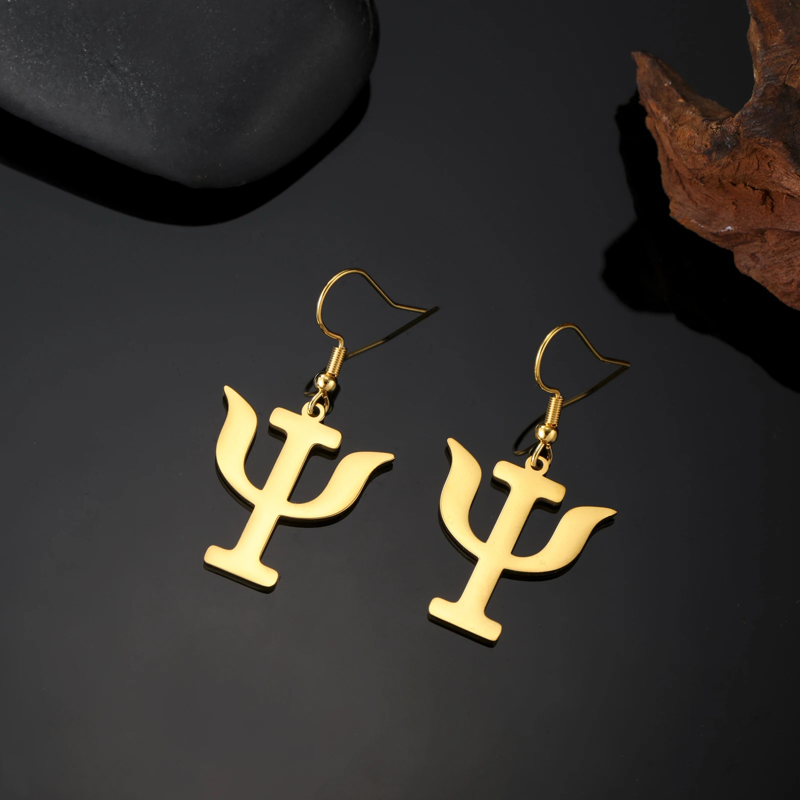 男性と女性のためのシプリスダングルピアス,PSIシンボル,ステンレス鋼ペンダント,ギリシャ文字,ゴールドカラー,クリスマスプレゼント