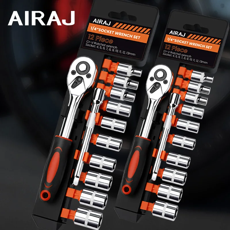 AIRAJ 12PCS Ratchet Socket Wrench Multifunctional Adjustable Torque Spanner Automotive Plumbing Bike Mechanical Diy Hand Tools