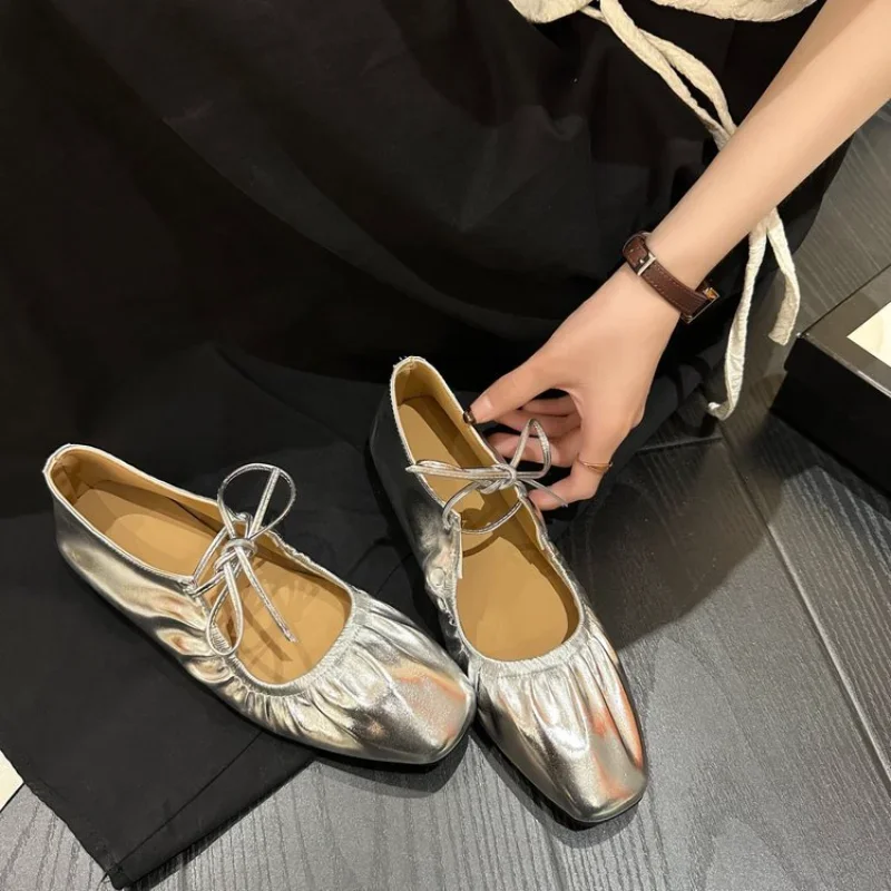 Women Flat Soft Lace-up Loafers Female Spring New Fashion Silver Mary Jane Single Shoes Ladies Casual Dress Outdoor Ballet Shoes