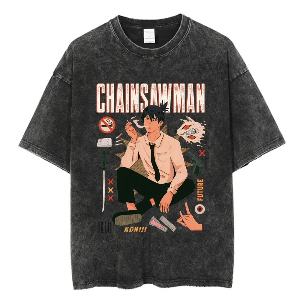 2026 Neues Anime Chainsaw Man Qualitäts-T-Shirt für Herren und Damen Baumwolle Vintage-Waschung Bedruckt Retro Streetwear Sport Fitness Oberteile