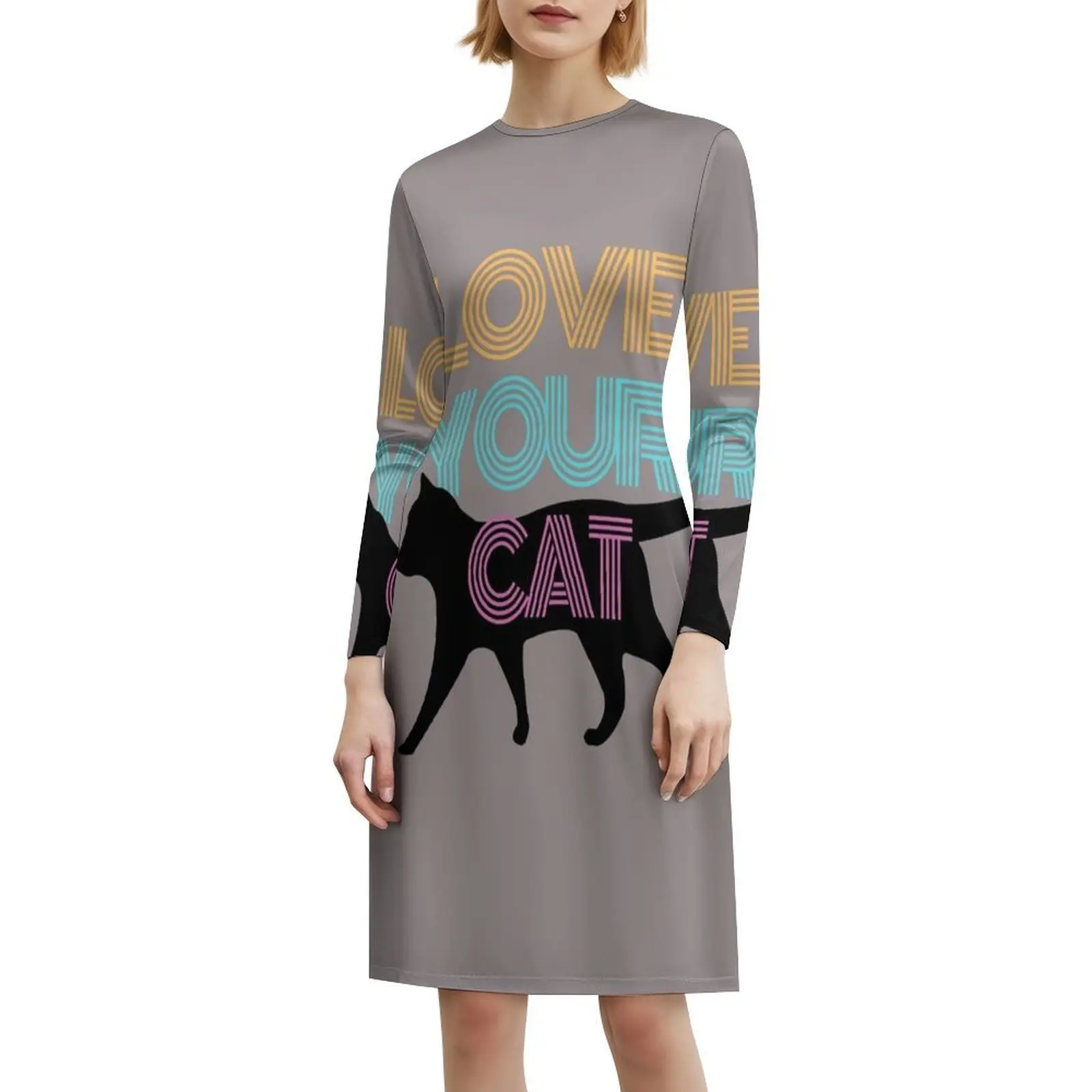 أحب قطتك البوهيمي فستان بلا أكمام متعدد المطبوعات عطلة الشاطئ فستان الحفلات الحب القط القطط القطط الرجعية فيبي الأسود الإناث