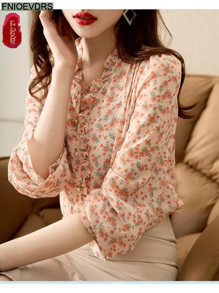 S-XL 2023ผู้หญิงแขนยาว Elegant Office Lady ทำงานปุ่มเสื้อ Retro Vintage Sablon Bunga สีชมพู Ruffles เสื้อและเสื้อ