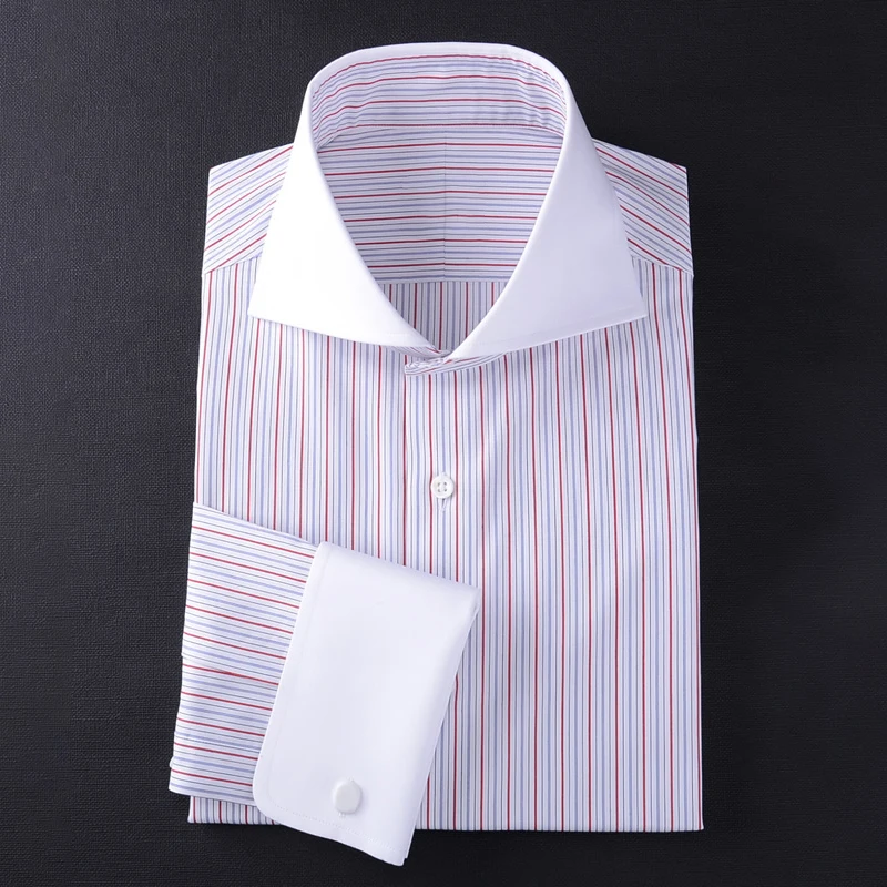 Classic French men\'s long sleeved shirt with contrasting colla  retro gentleman collar white collar boss shirt for men