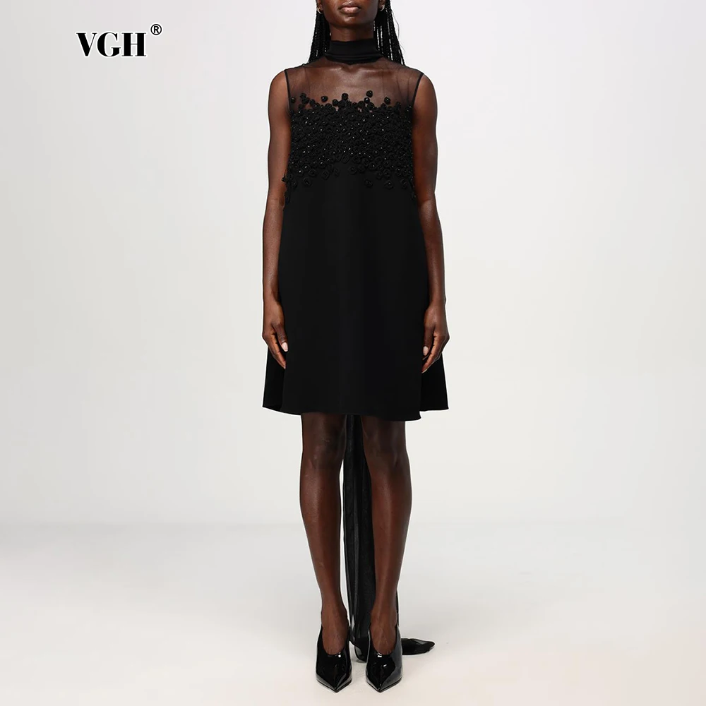 VGH Solid Spliced Sheer Mesh Short Dress with Lace Up for Women Stand Collar Sleeveless Patchowrk Appliques Chic Dresses Female