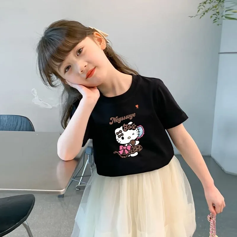 Hello Kitty Anime Kawaii Sanrio Ins Fashion Cotton Short-sleeved Shirt 2025 Summer New Cute Children Fashionable Top Clothes Toy