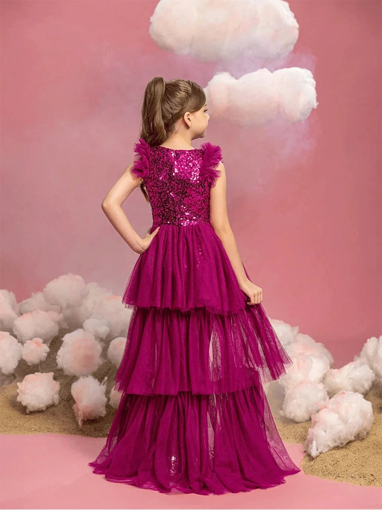 Girls Birthday Party Wedding Flower Girl Multi-Color Pink Mesh Evening Dress Girl Performance Dress