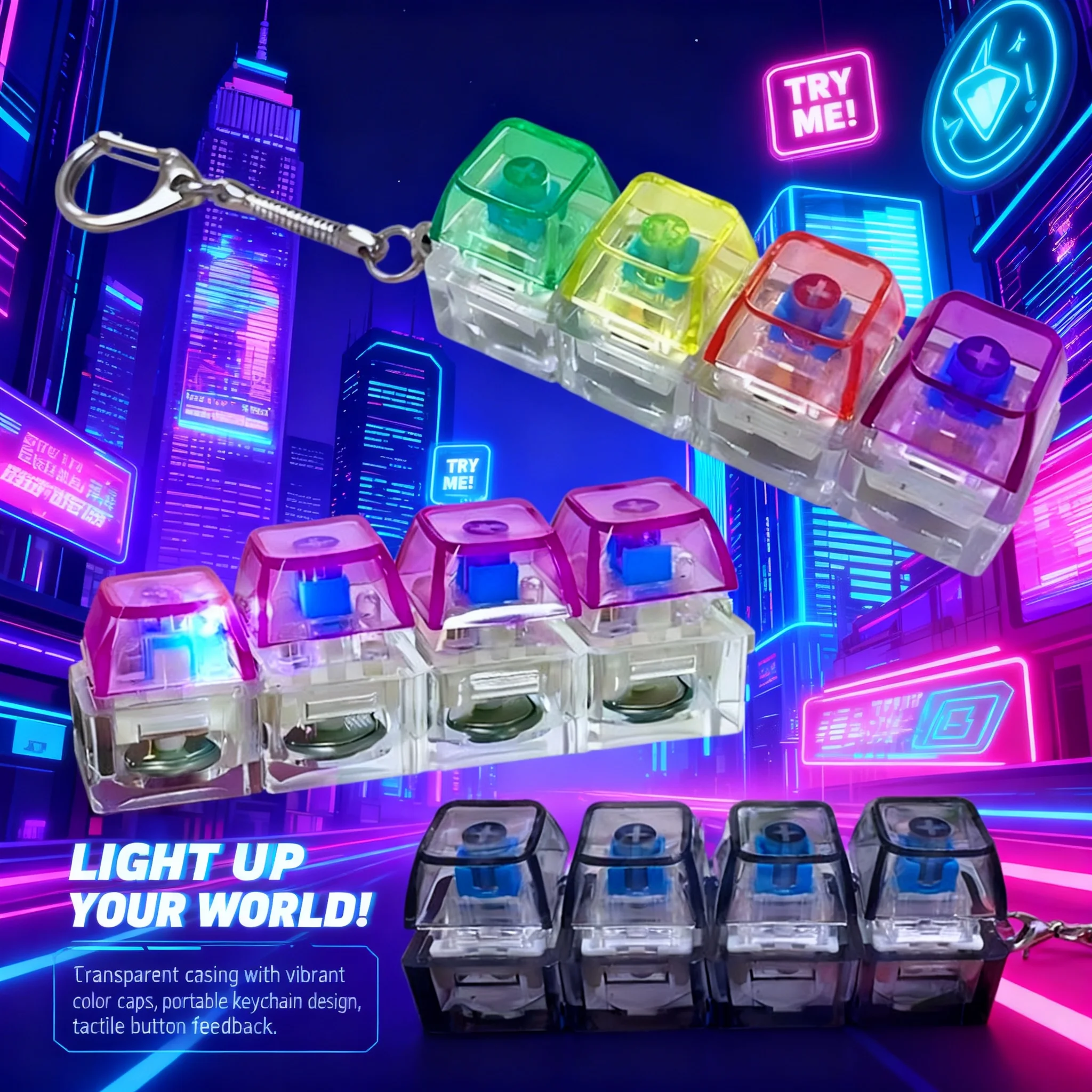 LED Keyboard Keychain Fidget Toy Crystal Clicker Sensory Stress Relief Gadget for Adults Kids