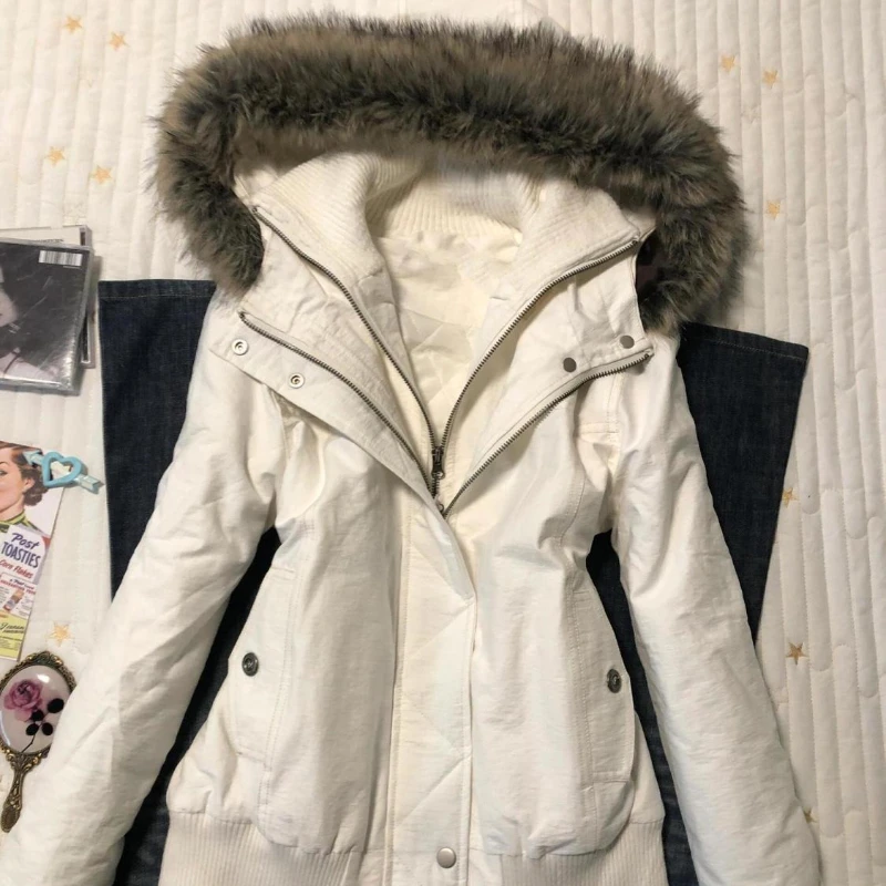 

New autumn and winter retro pure white fur collar hooded jacket for women Y2k Harajuku slim personality street short jacket