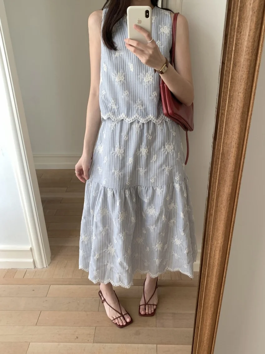 Alien Kitty New Summer Women Two Pieces Suits Chic Elegant Stripes 2025 Sweet Slim Florals Vest Casual All Match Long Skirts