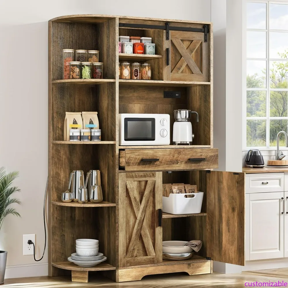 

Кухонный шкаф в стиле фермерского дома с местом для хранения, стойкой для пекаря, розеткой, отдельно стоящим ящиком, дверцами и ящиком для сарая, синий