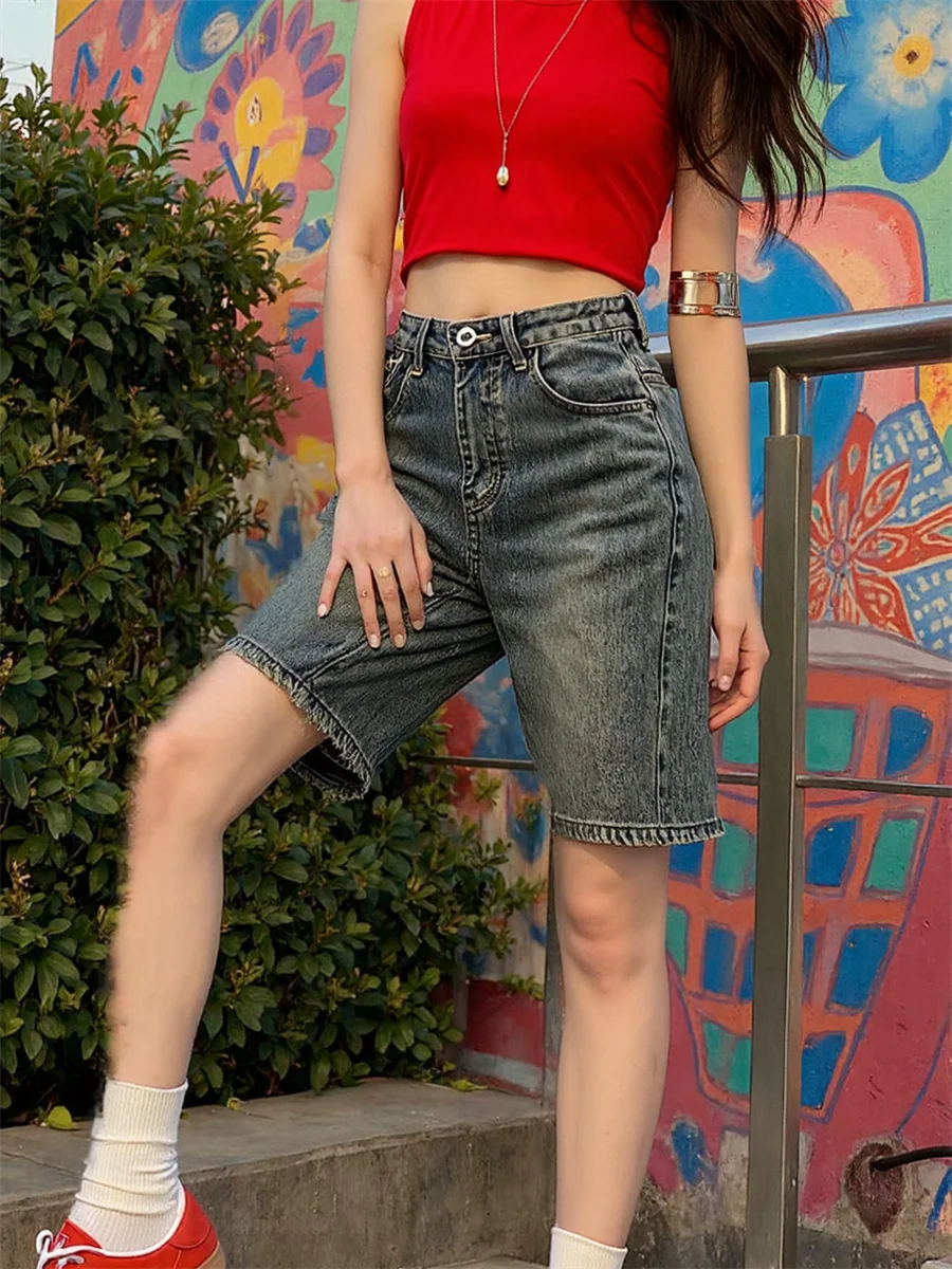 Pantaloncini da donna a vita alta vestibilità ampia streetwear Fine SLilo Culottes per bambini Personalità Colore giorno Costruisci rivettati