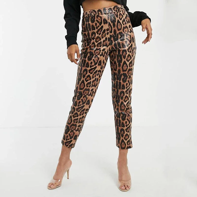 Women Faux Leopard Print Pants Sexy High Waisted PU Leather Leggings Ladies Vintage Stretchy Tights Trousers Autumn New Custom