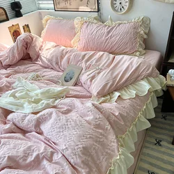 Pink Korean Princess Style Lace Ruffles Bedding Set Skin-friendly Seersucker Duvet Cover Set Fitted Sheet/Bed Sheet Pillowcases