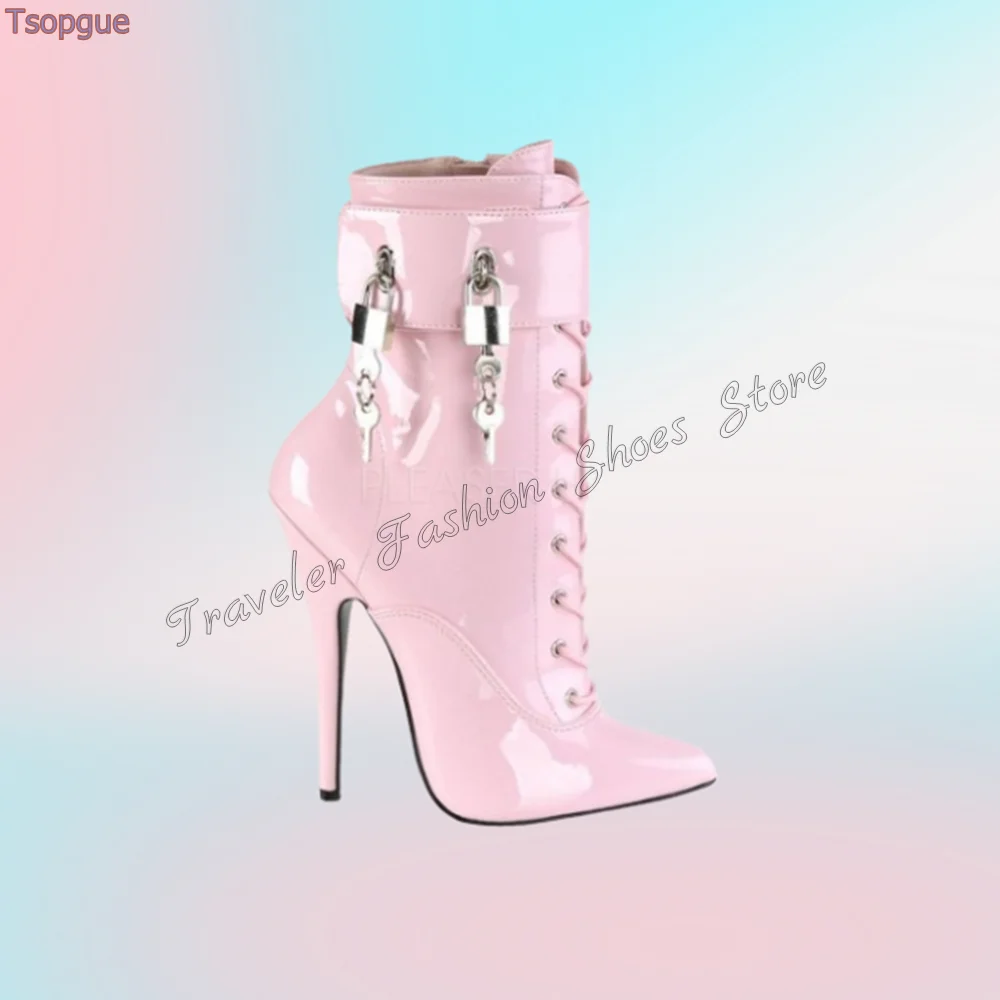 

Pink Lock Decor Lace up Boots Stilettos High Heels Patent leather High Heel Shoes for Women Heels 2024 New Zapatos Para Mujere