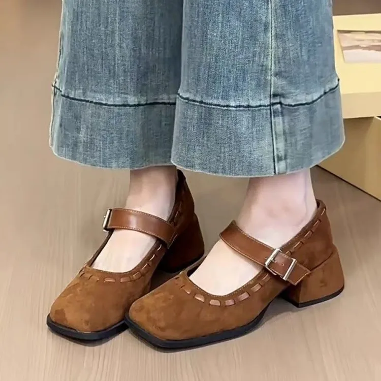 

French Vintage Square-Toe Strap Suede Mary Jane Mid-Heel Shoes, Versatile Office Chunky Heel Women's Shoes