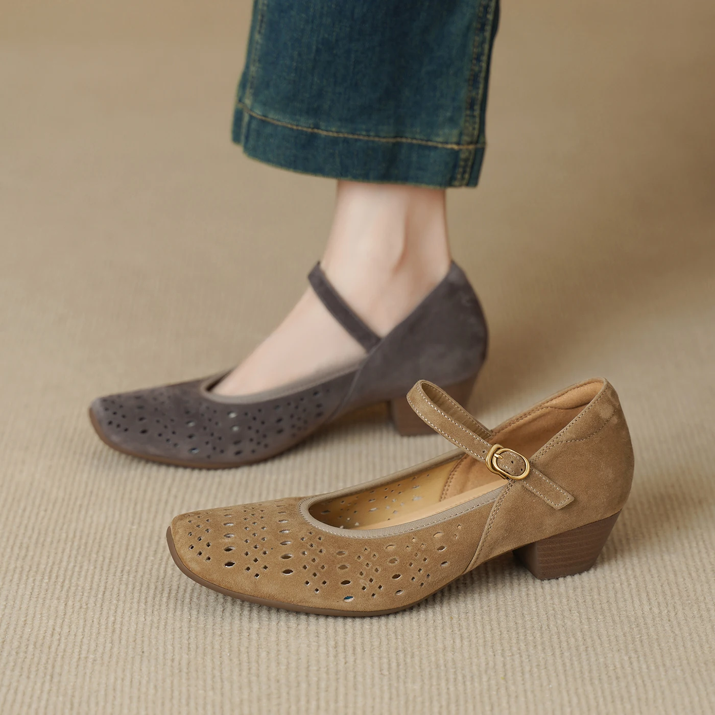 2026 new summer women sandals natural leather 22-25cm kid suede+sheepskin+cowhide hollow buckle mary janes women shoes fashion