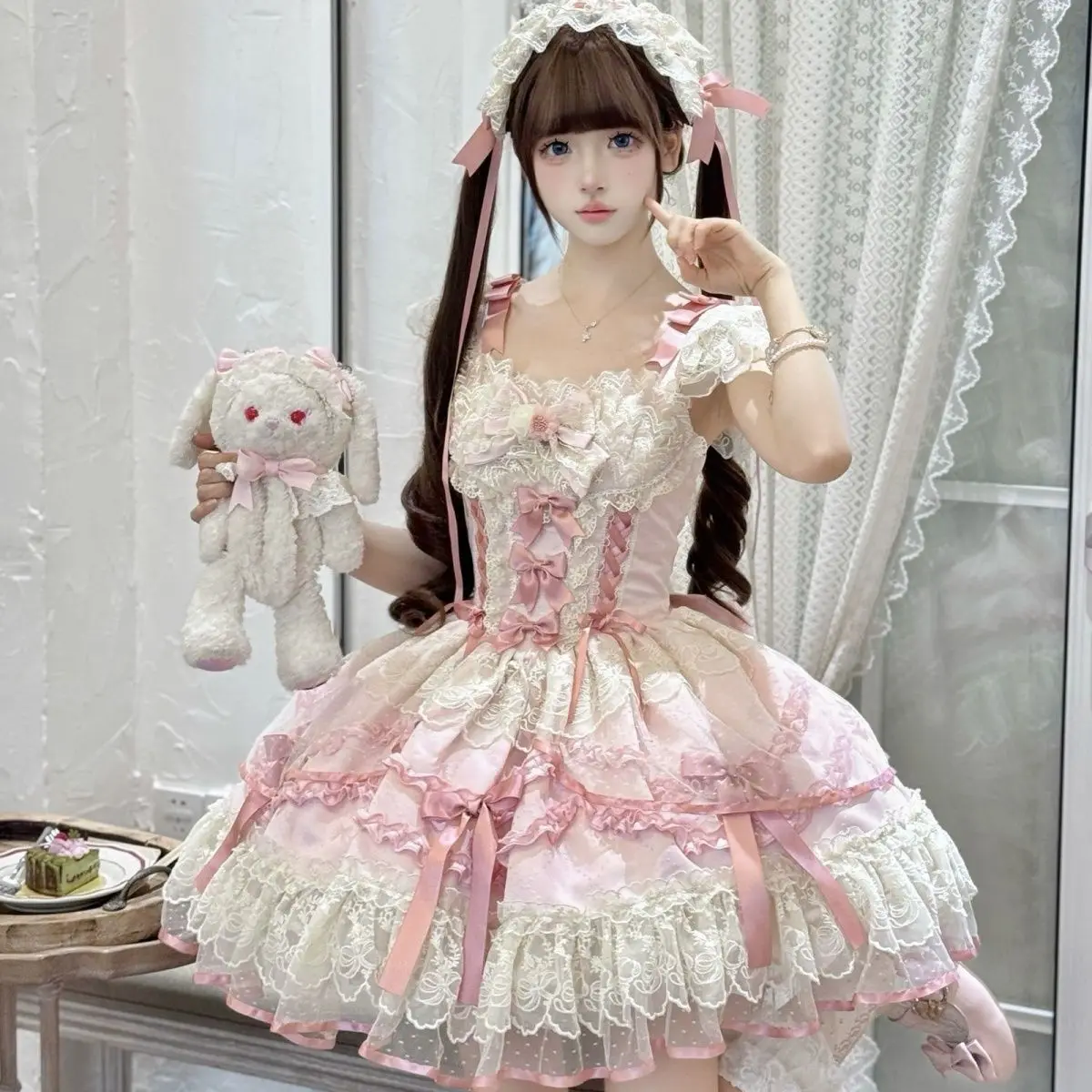 2026 New Sweet Lolita Dress Women Ruffled Lace Halter Neck Cute Dress Bow Princess Party Dress Kawaii Gothic Cosplay Costume - Image 5