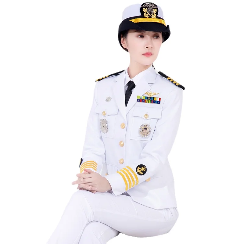 Eua marinha militar uniforme feminino oficial do exército americano traje capitão mariner terno iate jaqueta calças chapéu acessórios