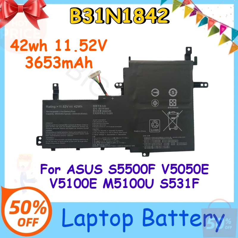 

B31N1842 42wh 11.52V 3653mAh Laptop Battery for ASUS S5500F V5050E V5100E M5100U S531F Hot Sale